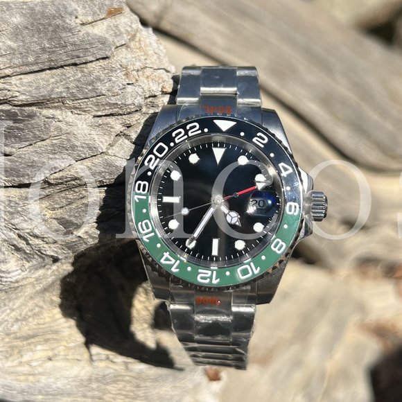 Custom Made MODS Watch with GMT Automatic Movement Silver Case Sprite Green